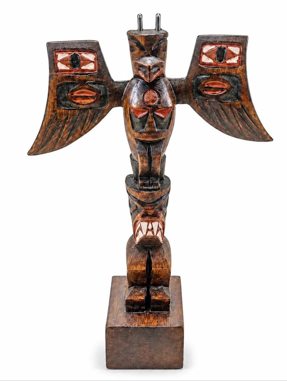 Vintage Hand-Carved Wooden Totem Pole Eagle Thunderbird Sculpture 28” Tall